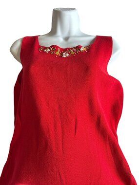 Red Embroidered Floral Neckline Sleeveless Cotton Knit Top Medium Women
